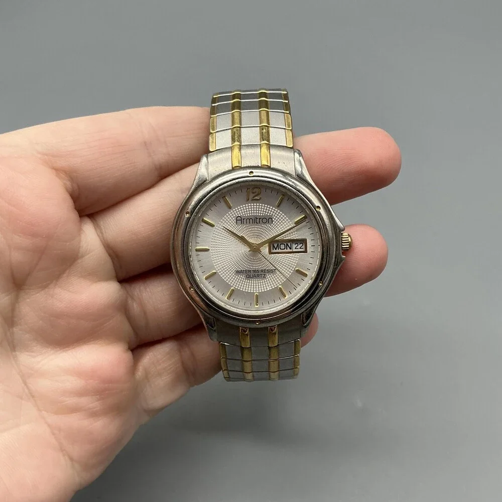 Armitron 20/1367 Mens Watch 37mm Silver Gold Two Tone Stretch Day Date New Batt